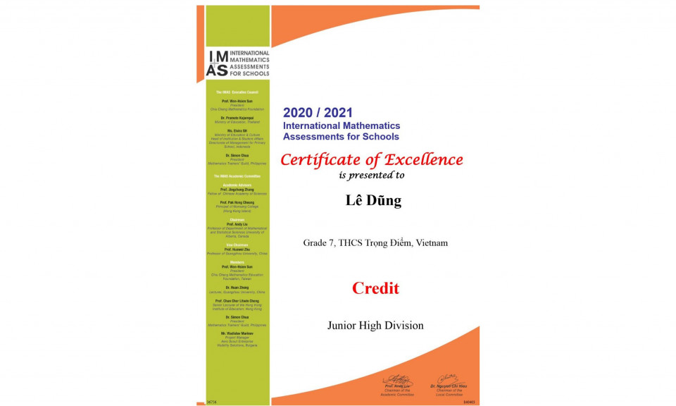 Học sinh Trường THCS Trọng Điểm Hạ Long đoạt Chứng chỉ xuất sắc cuộc thi Giải toán học quốc tế khối THCS
