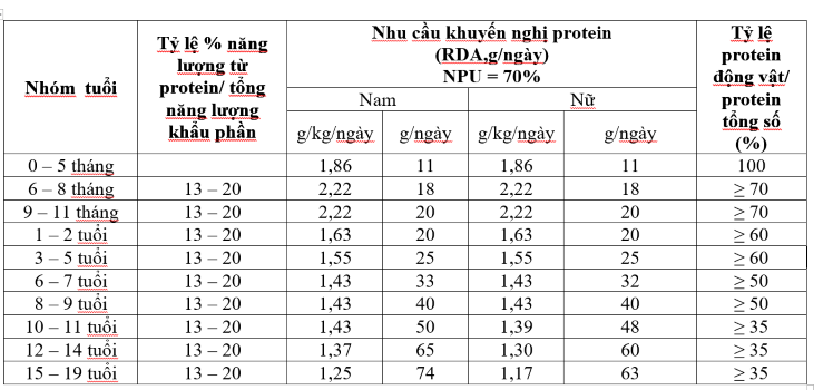 bảng dinh dưỡng