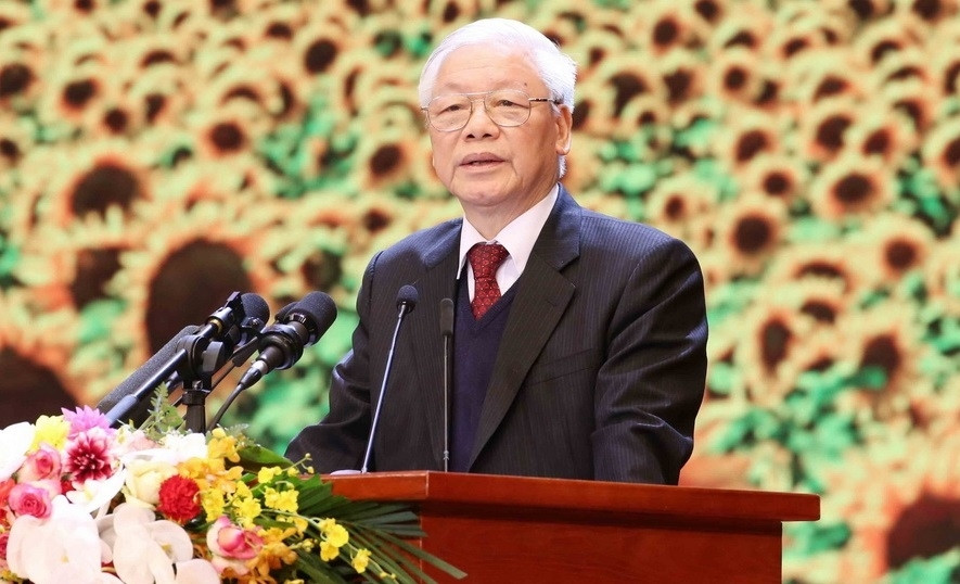 Party General Secretary Nguyen Phu Trong delivers a speech at the ceremony marking the 90th Anniversary of the Founding of the Communist Party of Vietnam.