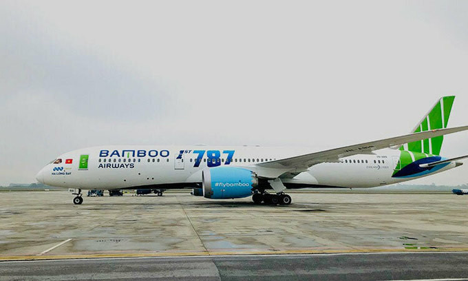 A 787-9 Dreamliner jet of Bamboo Airways taxis at Noi Bai International Airport in Hanoi.