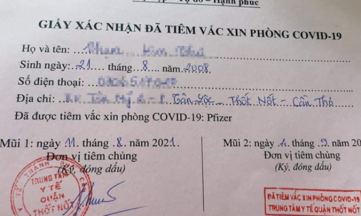 Bé gái 13 tuổi ở Cần Thơ được tiêm 2 mũi vaccine Pfizer
