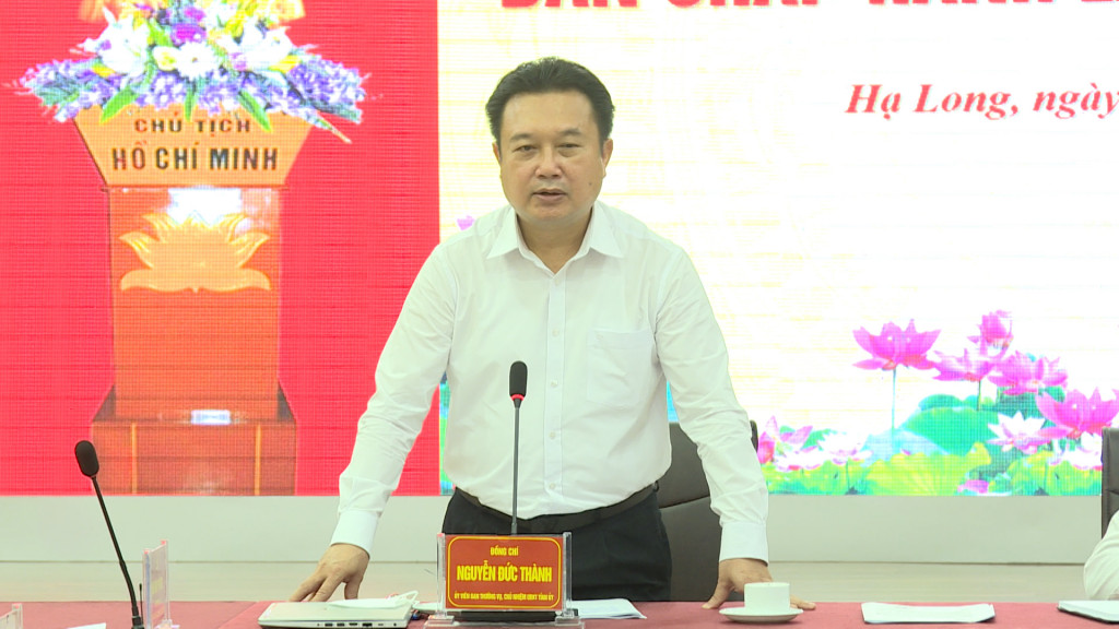 Đồng chí Nguyễn Đức Thành, Ủy viên Ban thường vụ Tỉnh ủy, Chủ nhiệm Ủy ban kiểm tra Tỉnh ủy phát biểu tại hội nghị.