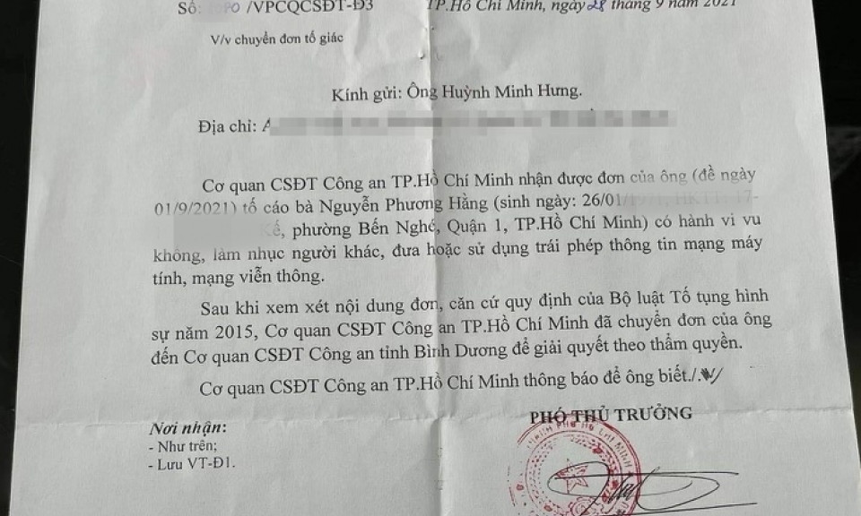 Chuyển đơn của Đàm Vĩnh Hưng tố cáo bà Phương Hằng cho Công an Bình Dương