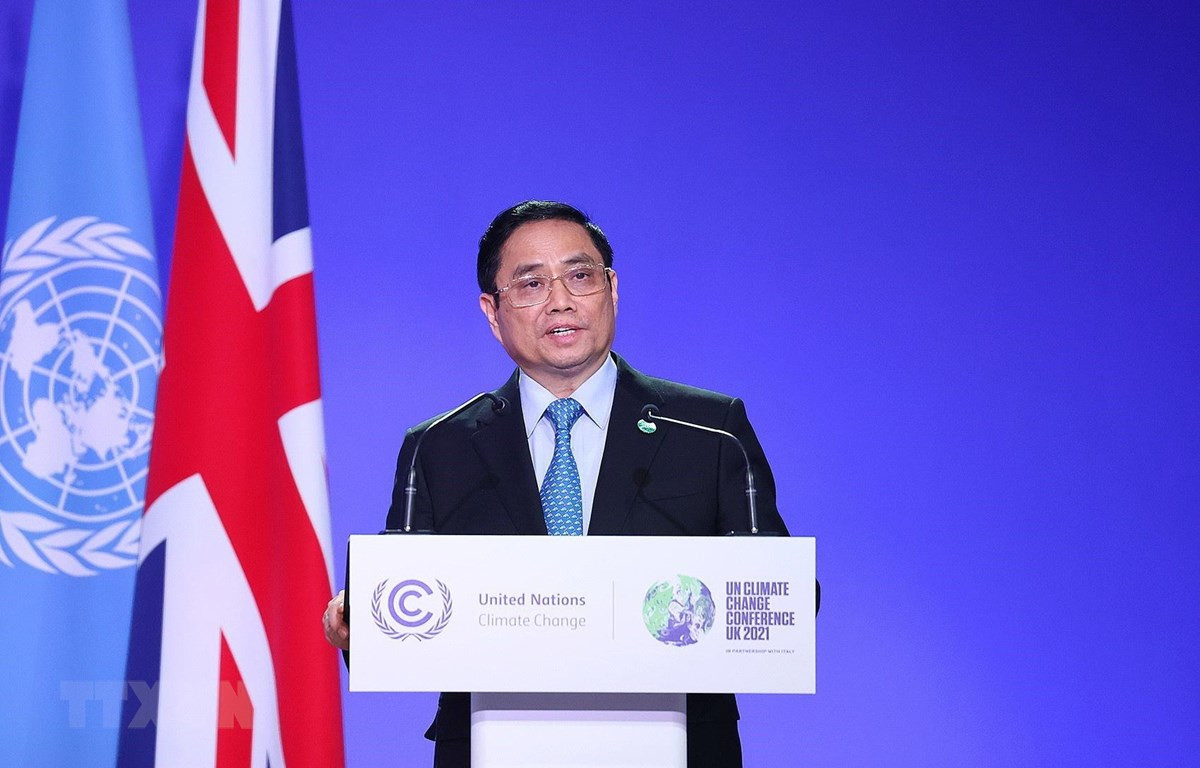 Thủ tướng Phạm Minh Chính phát biểu tại Hội nghị lần thứ 26 các Bên tham gia Công ước khung của Liên hợp quốc về Biến đổi khí hậu (COP26). (Ảnh: Dương Giang-TTXVN)