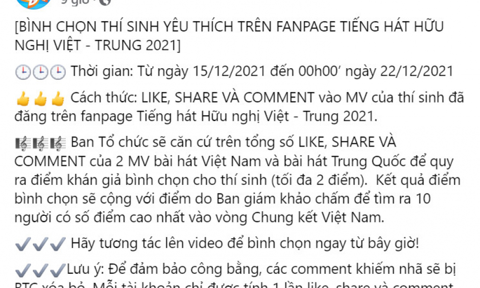 Bình chọn thí sinh yêu thích trên fanpage Tiếng hát Hữu nghị Việt - Trung 2021