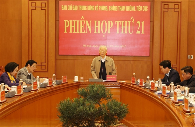 General Secretary Nguyễn Phú Trọng (standing) delivering a speech at the conclusion of the 21st session of the Central Steering Committee on Anti-corruption on Thursday in Hà Nội.