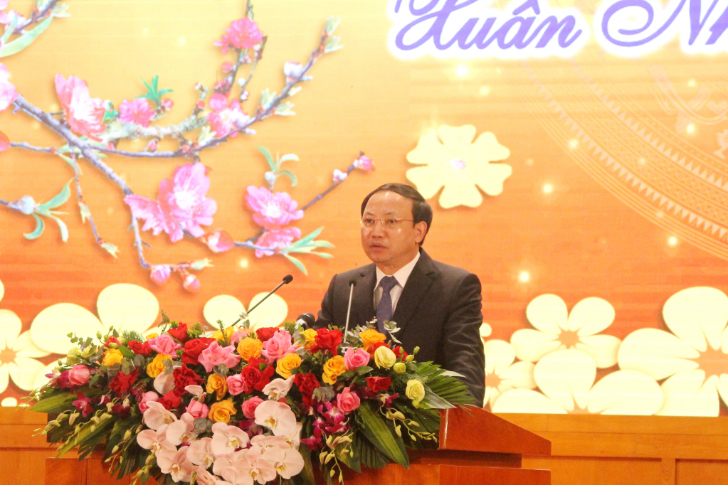 Đồng chí Nguyễn Xuân Ký, Ủy viên Trung ương Đảng, Bí thư Tỉnh ủy, Chủ tịch HĐND tỉnh, phát biểu tại buổi gặp mặt đầu Xuân.