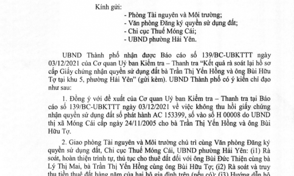 TP Móng Cái: Rà soát, giải quyết kiến nghị của ông Hoàng Việt Cường