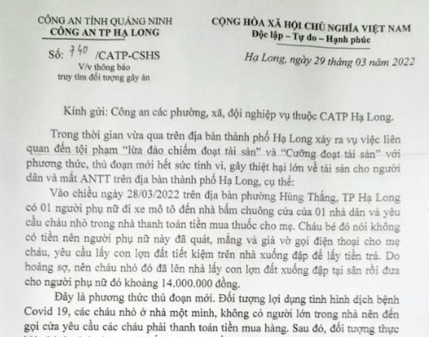 Thông báo truy tìm đối tượng của Công an TP Hạ Long ngày 29/3.
