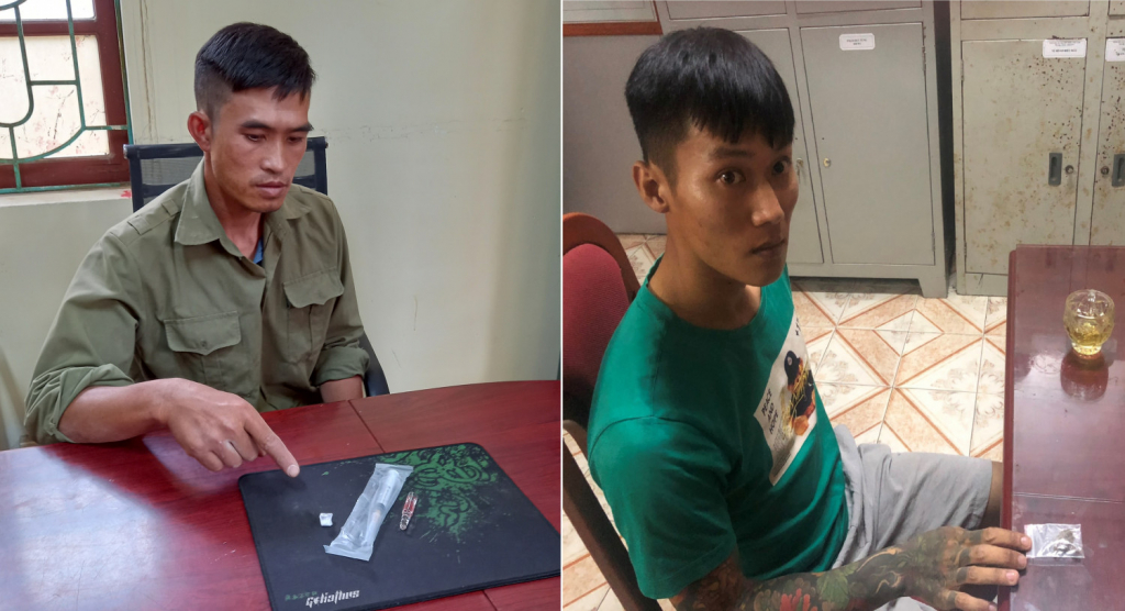 Hai đối tượng Nguyễn Văn Điển và Đoàn Xuân Hải (từ trái sang phải) bị Công an Quảng Yên bắt quả tang đang tàng trữ trái phép chất ma túy, tháng 5/2022.