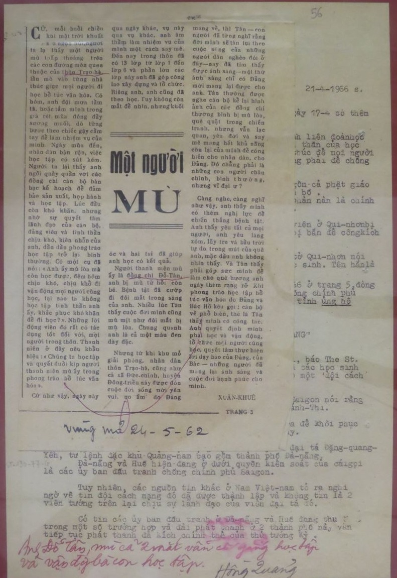 Bút tích của Chủ tịch Hồ Chí Minh trên báo Vùng mỏvề đề nghị thưởng huy hiệu của Người cho anh Đỗ Tânở xã Đức Chính, huyện Đông Triều (nay là phường Đức Chính, thị xã Đông Triều).