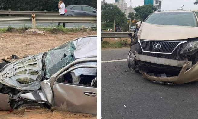 Xe Fortuner bẹp rúm, văng khỏi Đại lộ Thăng Long sau va chạm với xe Lexus