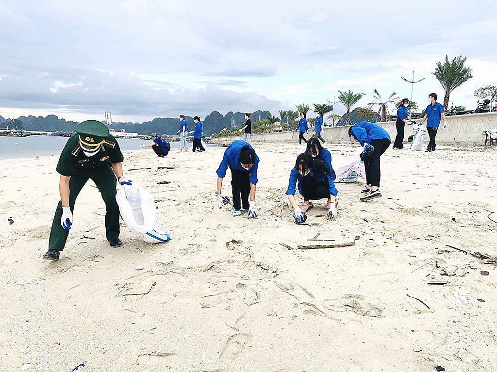 Đông đảo cán bộ, chiến sỹ và đoàn viên thanh niên, hội viên phụ nữ TP Cẩm Phả tham, gia dọn vệ sinh môi trường bãi biển. 