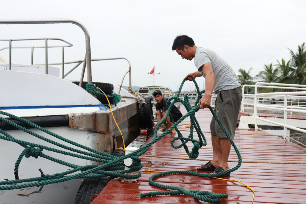 Người dân gia cố, buộc tàu neo trú tại Cảng tàu khách quốc tế Tuần Châu (TP Hạ Long)