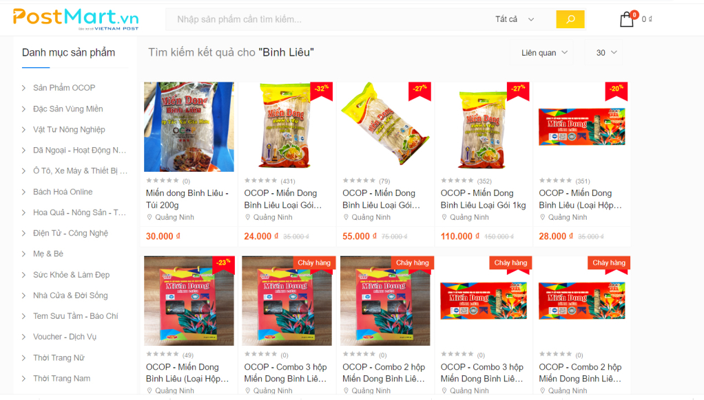 Sản phẩm Miến dong Bình Liêu được bày bán trên sàn TMĐT Postmart.vn