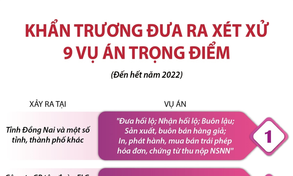 Khẩn trương đưa ra xét xử 9 vụ án trọng điểm