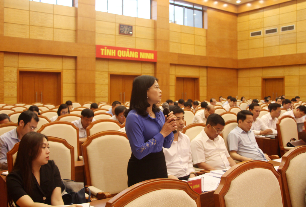 Đồng chí Đỗ Thị Ninh Hường, Bí thư huyện ủy Đầm Hà, phát biểu tại hội nghị.