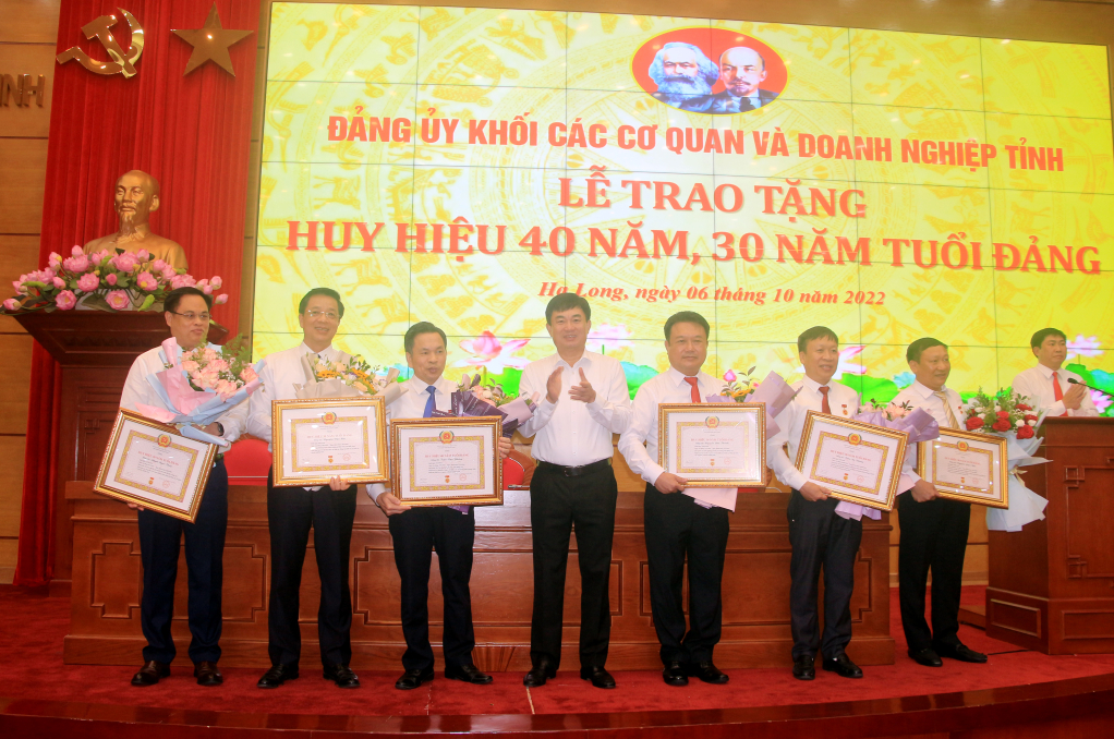 Đồng chí Ngô Hoàng Ngân, Phó Bí thư Thường trực Tỉnh ủy, Trưởng Đoàn ĐBQH tỉnh, trao tặng Huy hiệu Đảng cho các đảng viên. 