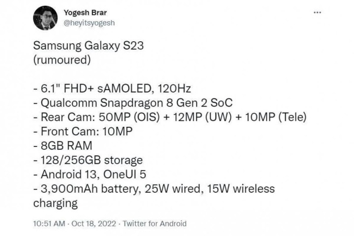 Rò rỉ thông số kỹ thuật của Samsung Galaxy S23 mới - 1