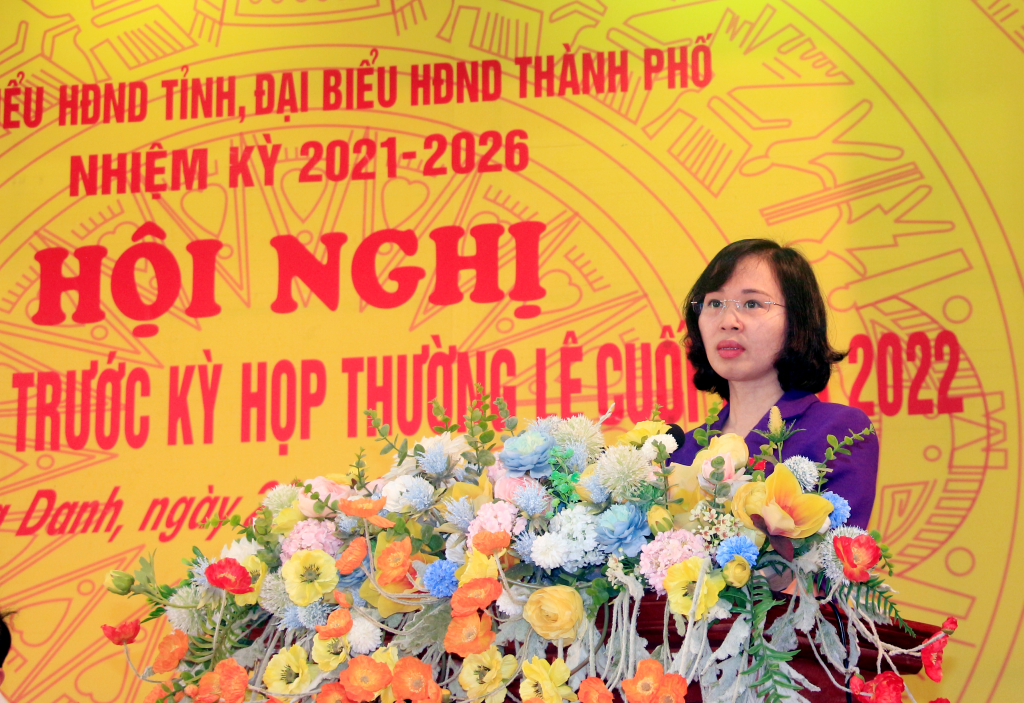 Đồng chí Trịnh Thị Minh Thanh, Phó Bí thư Tỉnh ủy, phát biểu tại hội nghị.