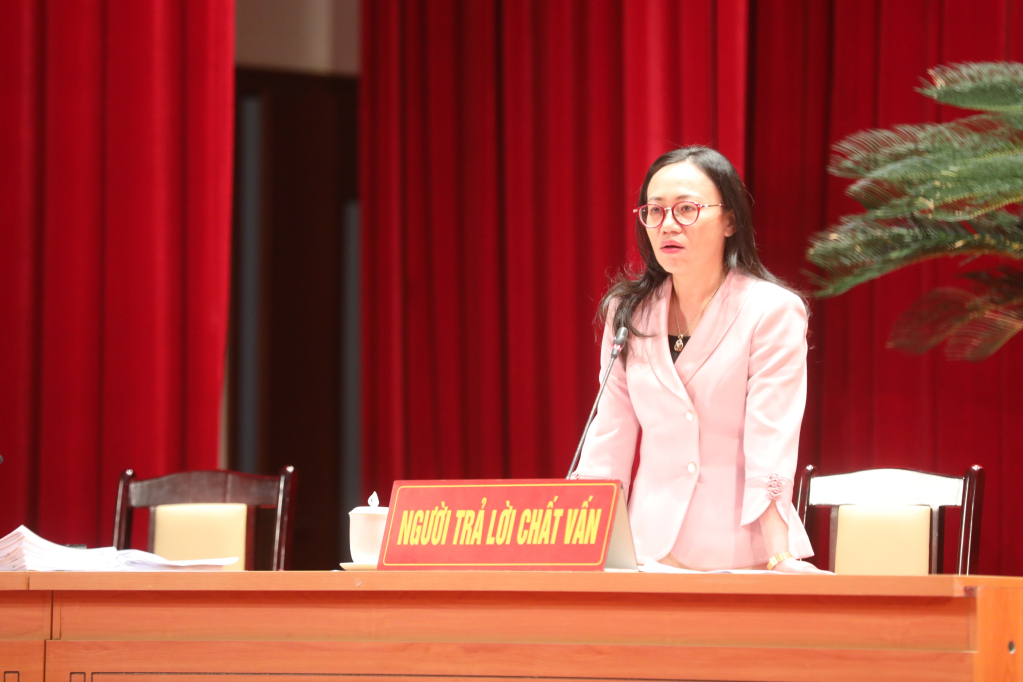 Đồng chí Lê Ngọc Hân, Giám đốc Sở Thông tin và Truyền thông, trả lời chất vấn tại Kỳ họp.
