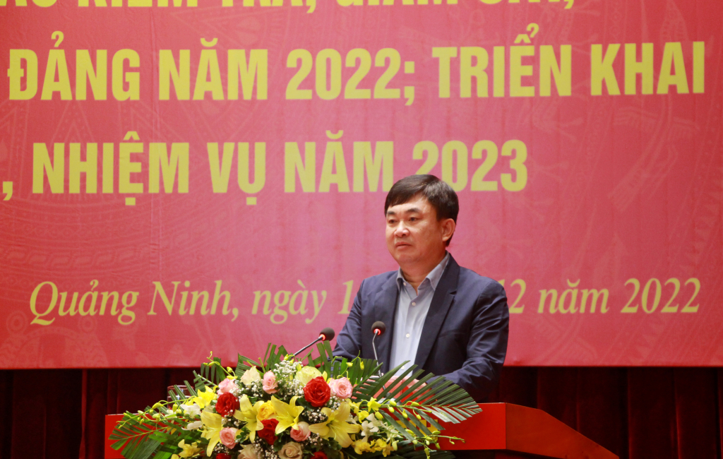 Đồng chí Ngô Hoàng Ngân, Phó Bí thư Thường trực Tỉnh uỷ, Trưởng Đoàn ĐBQH tỉnh, phát biểu tại hội nghị.