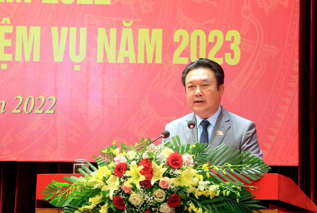 Đồng chí Nguyễn Đức Thành, Ủy viên Ban Thường vụ Tỉnh ủy, Chủ nhiệm Ủy ban Kiểm tra Tỉnh ủy, phát biểu tại hội nghị.