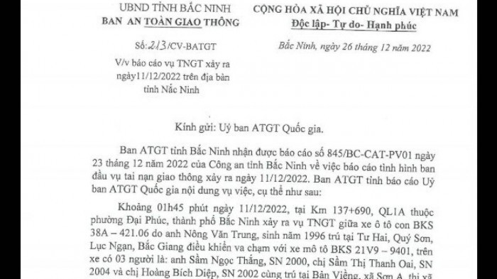 Công an Bắc Ninh báo cáo vụ TNGT  3 người chết trên QL 1A 4