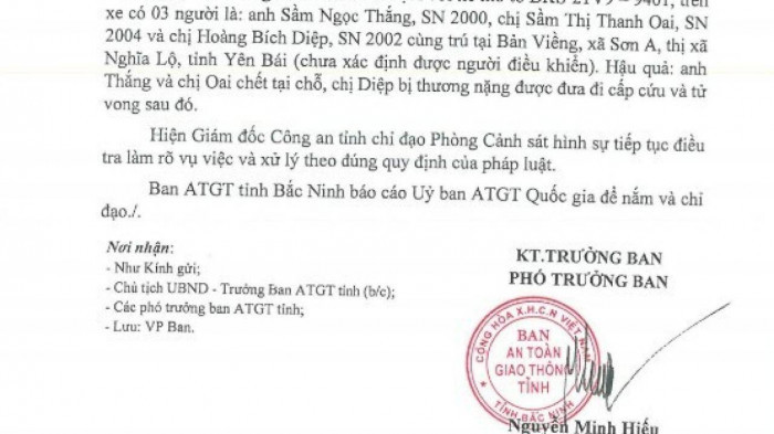 Công an Bắc Ninh báo cáo vụ TNGT  3 người chết trên QL 1A 5