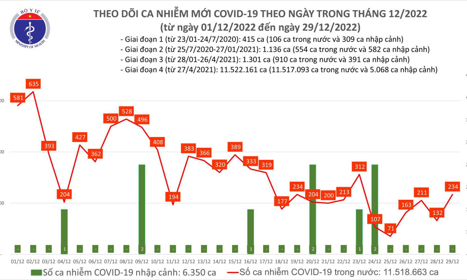 Ngày 29/12: Số mắc COVID-19 mới tăng gần gấp đôi lên 234 ca