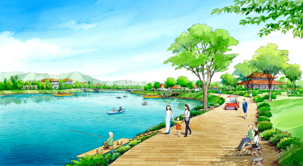 Phối cảnh tuyến đường đi bộ 2 bên bờ sông Cầm.