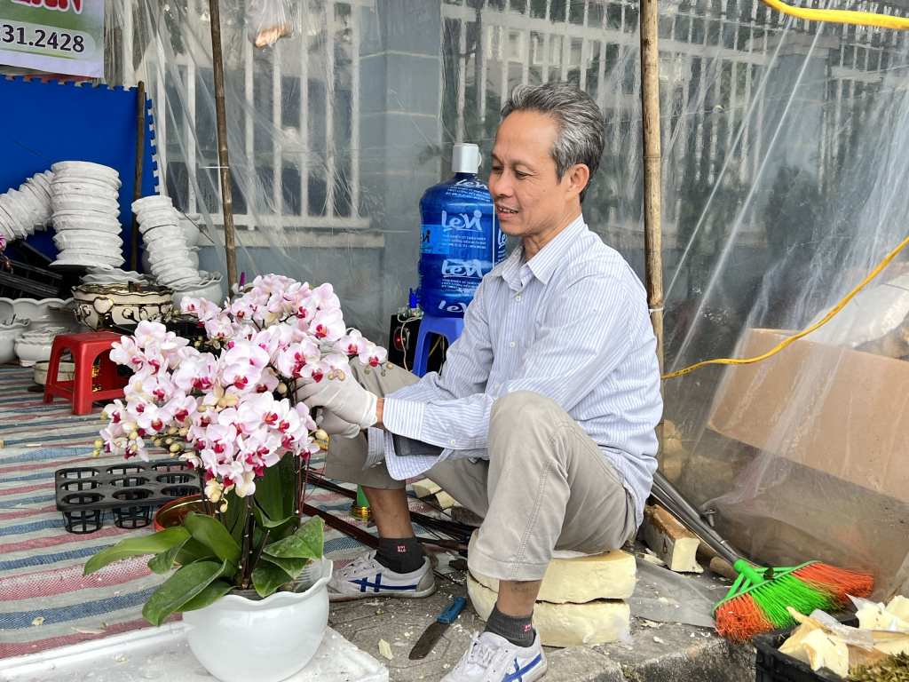 Hoa Lan tại hội chợ hoa-cây cảnh Đông Triều đang được các tiểu thương tích cực tạo thế, trang trí trong chậu để bán cho du khách.