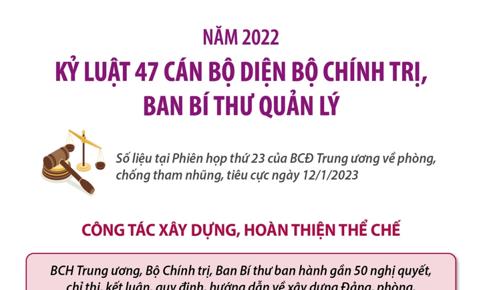 Năm 2022, kỷ luật 47 cán bộ diện Bộ Chính trị, Ban Bí thư quản lý