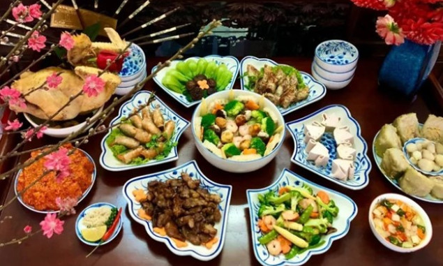 Vietnamese traditional offering trays prepared for Lunar New Year's Eve