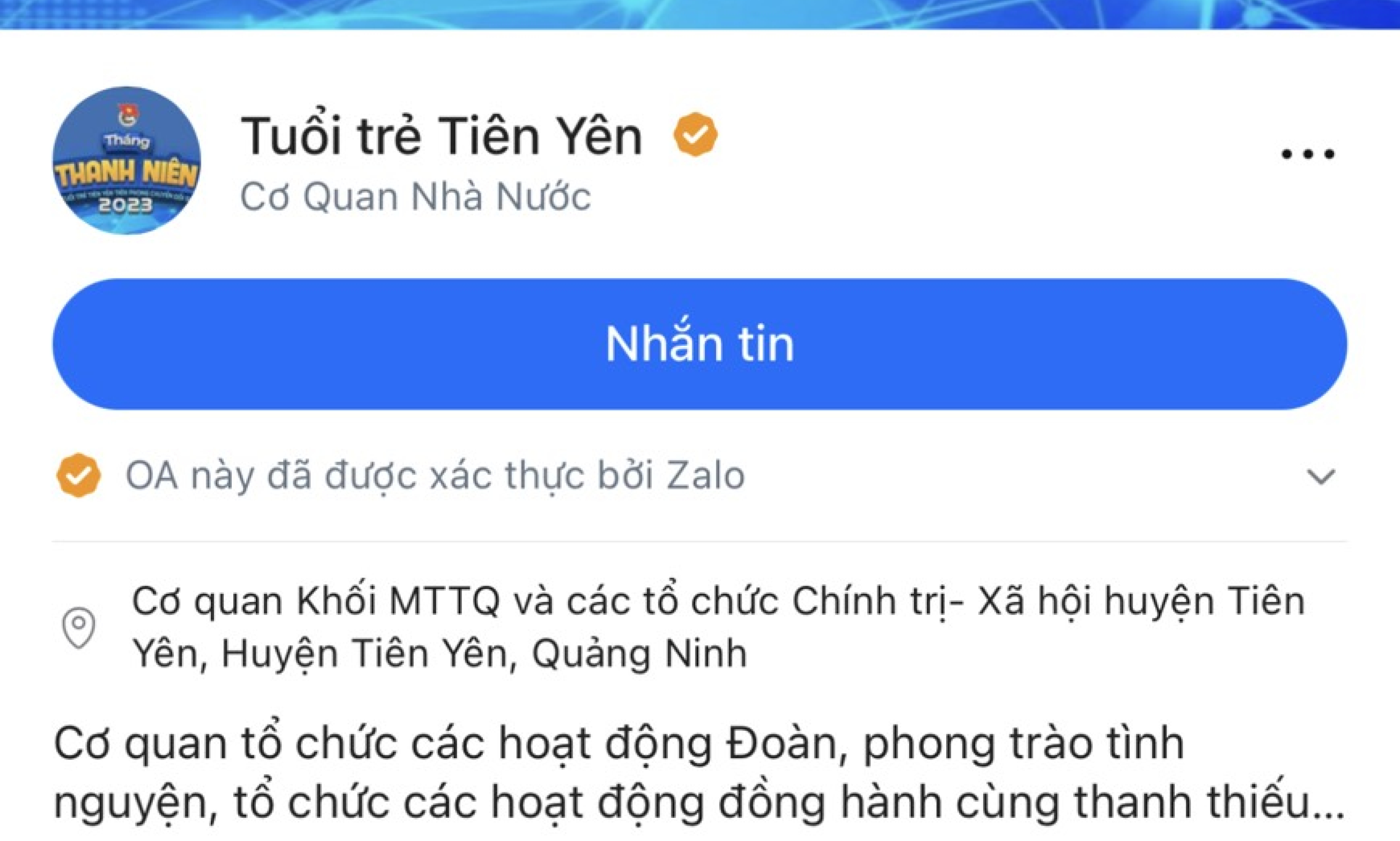 Tiên Yên ra mắt ứng dụng zalo official Account “Tuổi trẻ Tiên Yên”