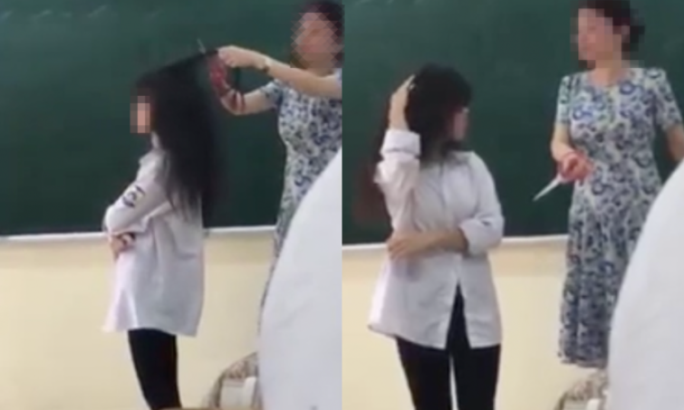 Cô giáo cắt tóc nữ sinh trên bục giảng