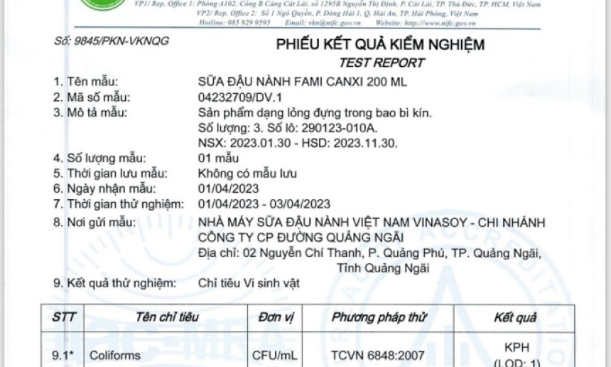 Vinasoy: Lô sữa đậu nành bị Nhật thu hồi nhiễm coliform khi vận chuyển