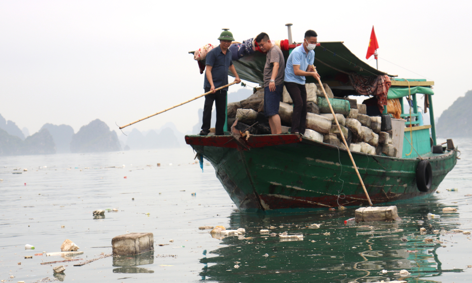TP Hạ Long: Huy động tối đa nhân lực thu gom phao xốp trên Vịnh Hạ Long