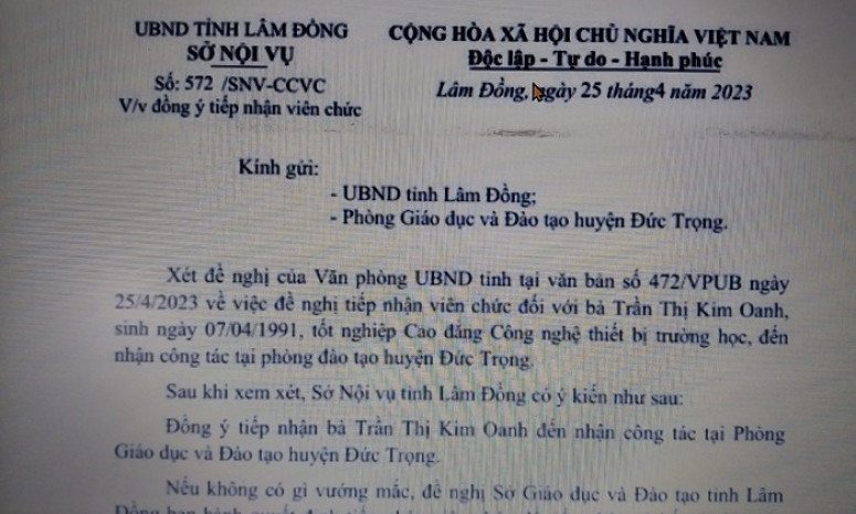 Giả văn bản của Sở Nội vụ chỉ đạo Phòng GD&ĐT tiếp nhận viên chức