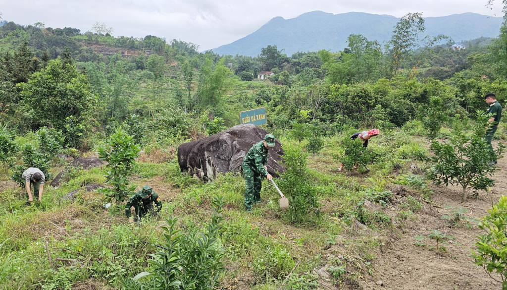 CBCS Đồn Biên phòng cửa khẩu Hoành Mô giúp người dân thôn Nà Choòng, xã Hoành Mô, huyện Bình Liêu xây dựng vườn mẫu.