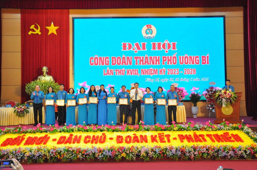 Lãnh đạo LĐLĐ tỉnh trao tặng kỷ niệm chương cho các cá nhân.