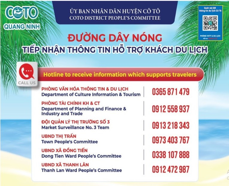 Các số điện thoại đường dây nóng tại huyện Cô Tô.