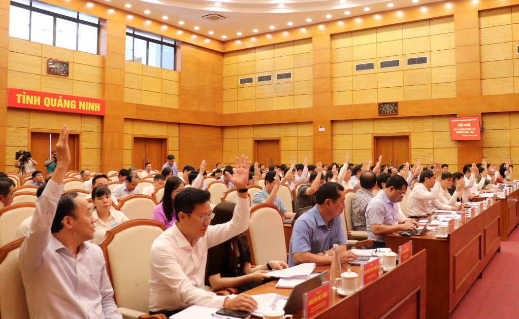 Các đại biểu biểu quyết thông qua Nghị quyết của hội nghị giữa nhiệm kỳ BCH Đảng bộ tỉnh khóa XV