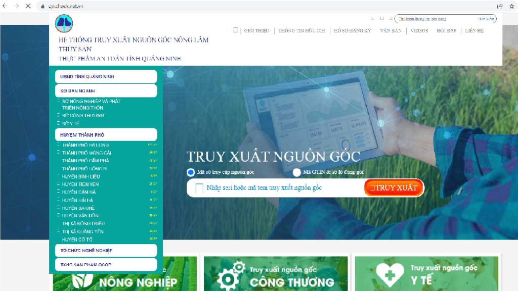 Hệ thống truy xuất nguồn gốc thực phẩm nông, lâm, thủy sản, thực phẩm an toàn  tỉnh Quảng Ninh tại địa chỉ: https://qn.check.net.vn