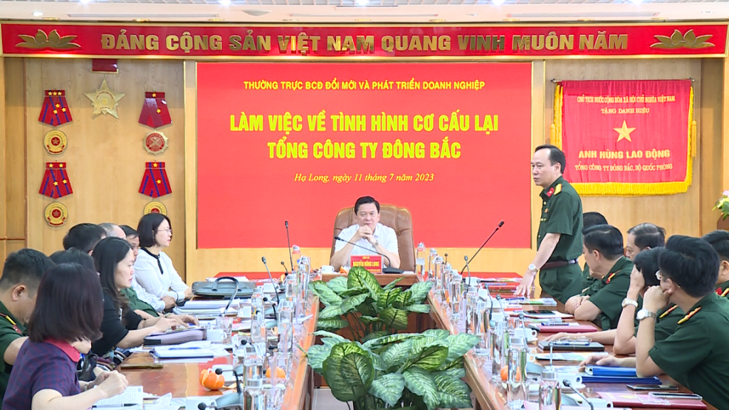 Đồng chí Đại tá Đỗ Mạnh Khảm, Tổng Giám đốc, Trưởng Ban chỉ đạo đổi mới, cơ cấu lại Tổng công ty Đông Bắc phát biểu tại buổi làm việc
