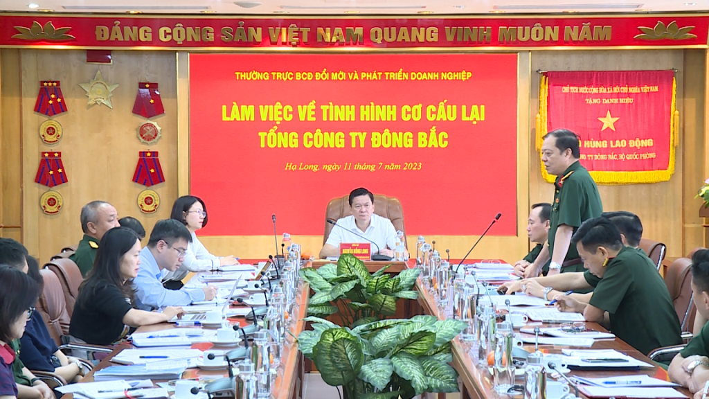Đồng chí Đại tá Nguyễn Bảo Anh, Phó Tổng Giám đốc Tổng Công ty Đông Bắc đóng góp ý kiến tại buổi làm việc.