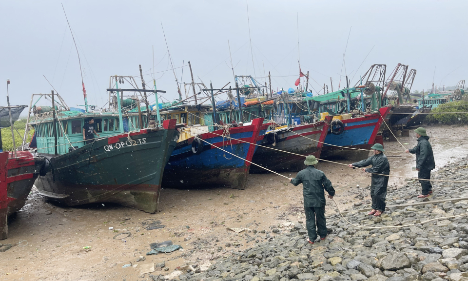 Đồn Biên phòng Trà Cổ giúp ngư dân chằng buộc tàu thuyền tránh bão Talim