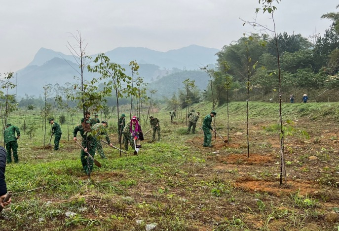 CBCS Đồn BP Pò Hèn cùng nhân dân trồng rừng (Ảnh do đơn vị cung cấp).