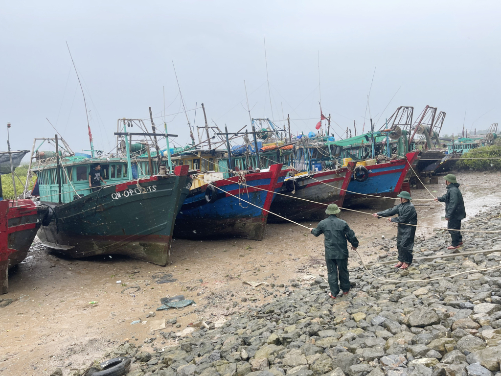 Cán bộ, chiến sĩ Đồn Biên phòng Trà Cổ giúp dân chằng buộc tàu thuyền đảm bảo an toàn trước mưa Talim