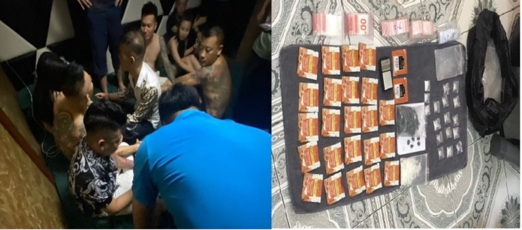 Các đối tượng và vật chứng thu giữ trong chuyên án triệt phá ổ nhóm mua bán, tổ chức sử dụng trái phép chất ma túy trên địa bàn thành phố Hạ Long.